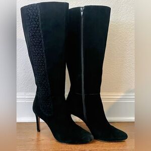 Antonio Melani Black Suede Knee High Heels Crochet Panel Boots 8.5
